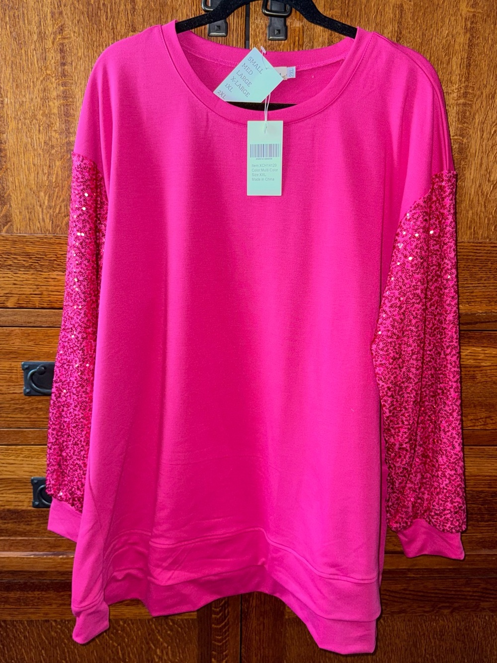 Women's Hot Pink Sequin Sleeve Pullover Top